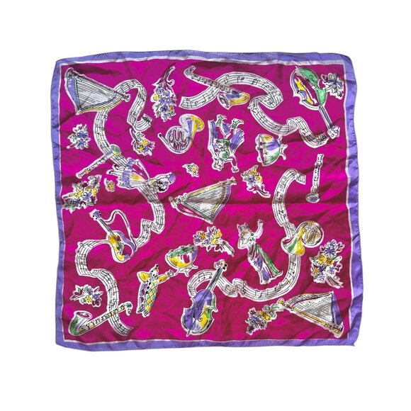 Vintage Pure Silk Scarf 17" X 17" Pink & Purple Musical Clown Design - Picture 1 of 8
